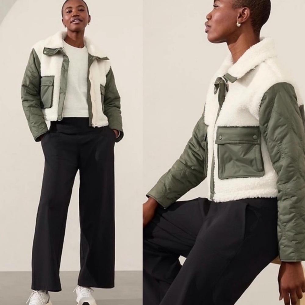 Athleta part Fleece Jacket Olive Green and Cream Cropped Sz M never worn